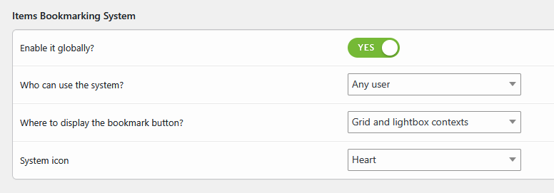 items bookmarking settings